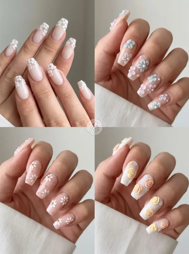 3D Floral Coffin Nail Art