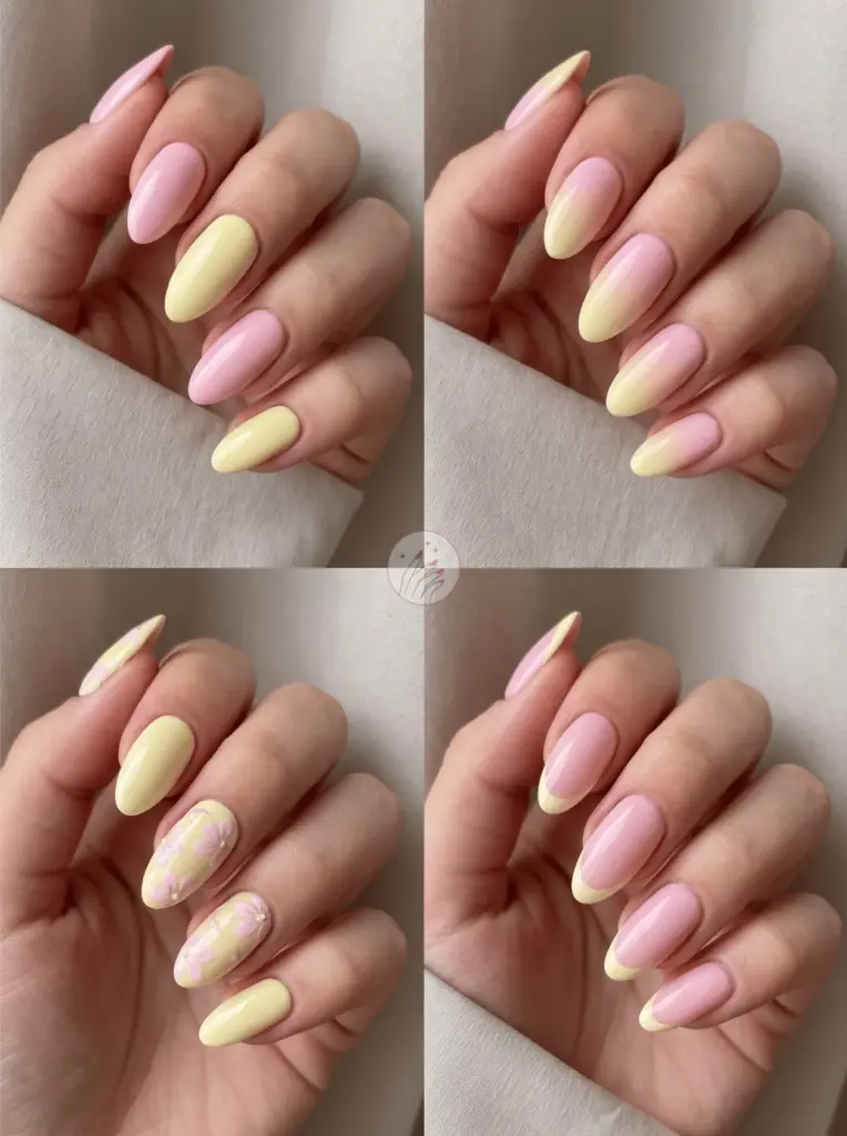 Almond Shaped Pink and Yellow Nails