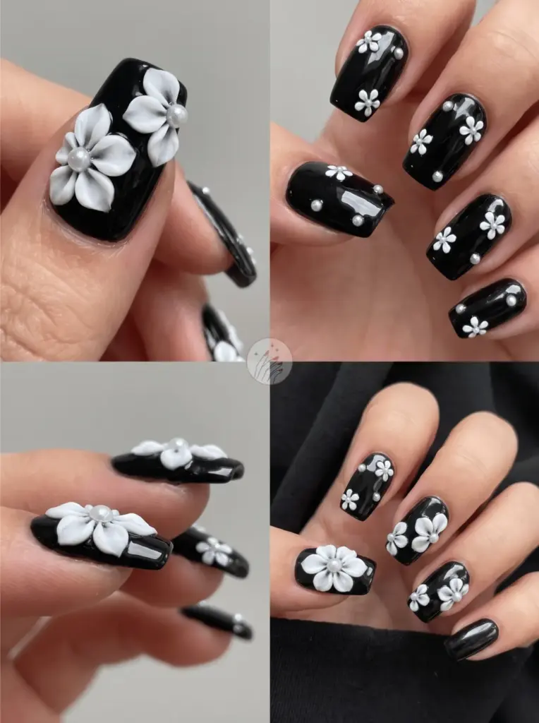 Black 3D Flower Nails