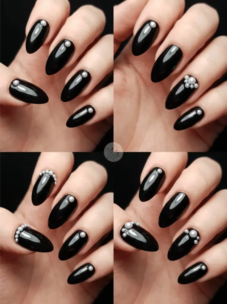 Black Almond Nails with Pearls