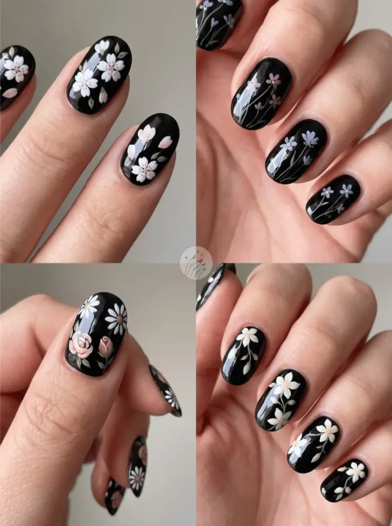 Black Floral Spring Nails