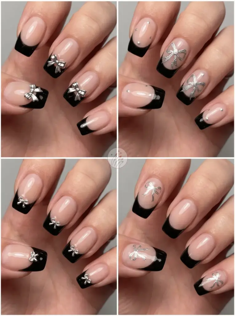 Black French Nails with Silver Bows
