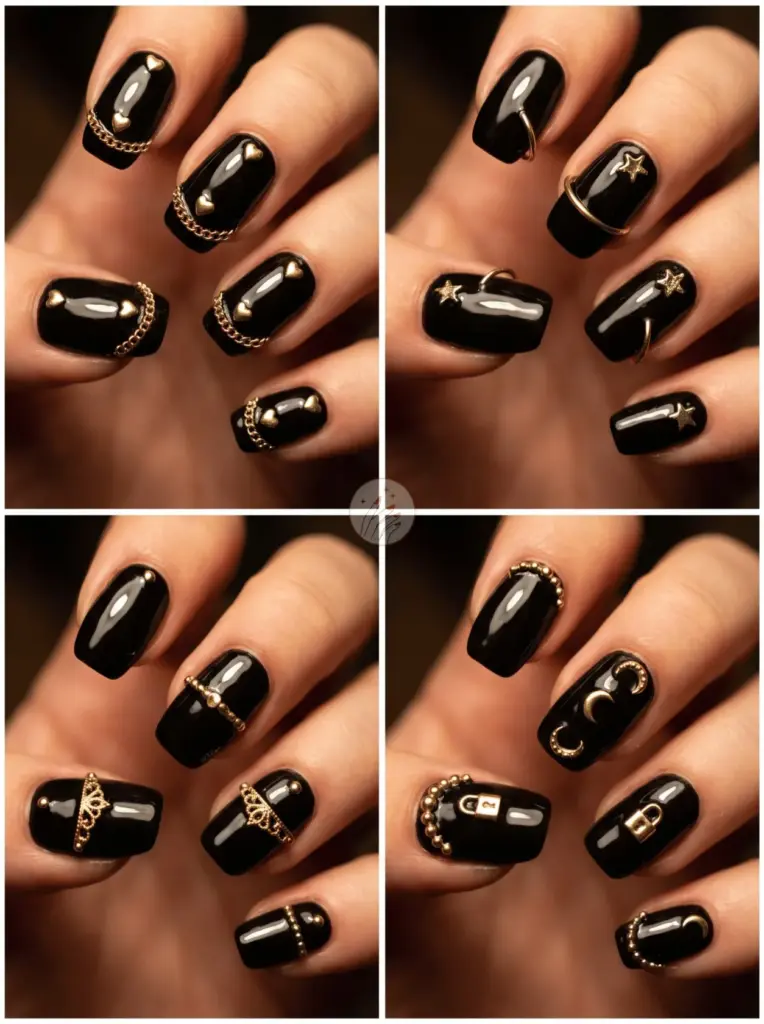 Black Nails with Gold Charms