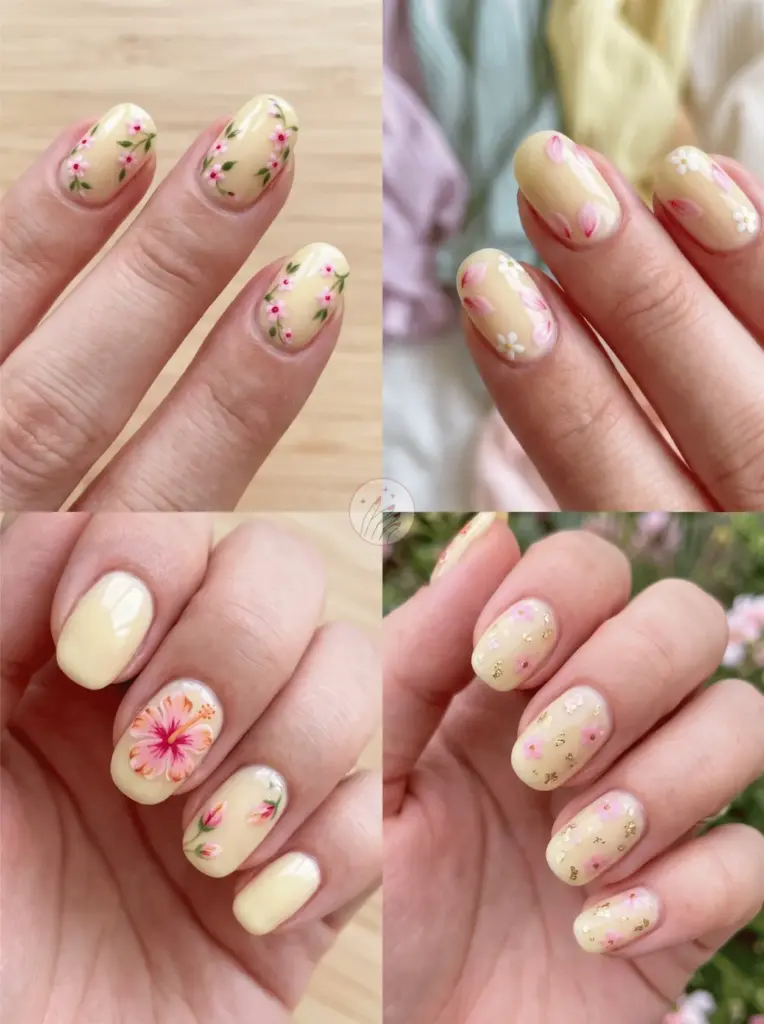 Butter Yellow and Pink Floral Nail Art