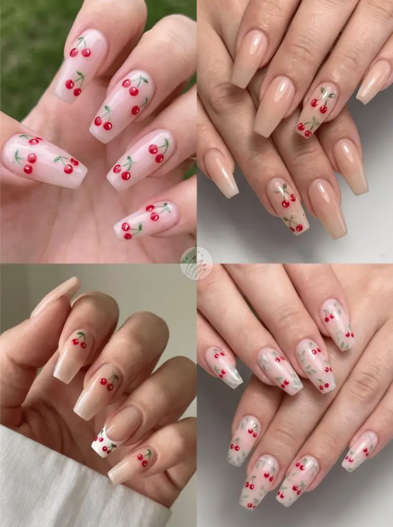 Cherry Print Coffin Nail Art