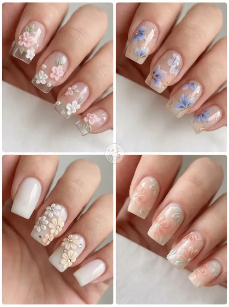 Delicate 3D Flower Square Nails