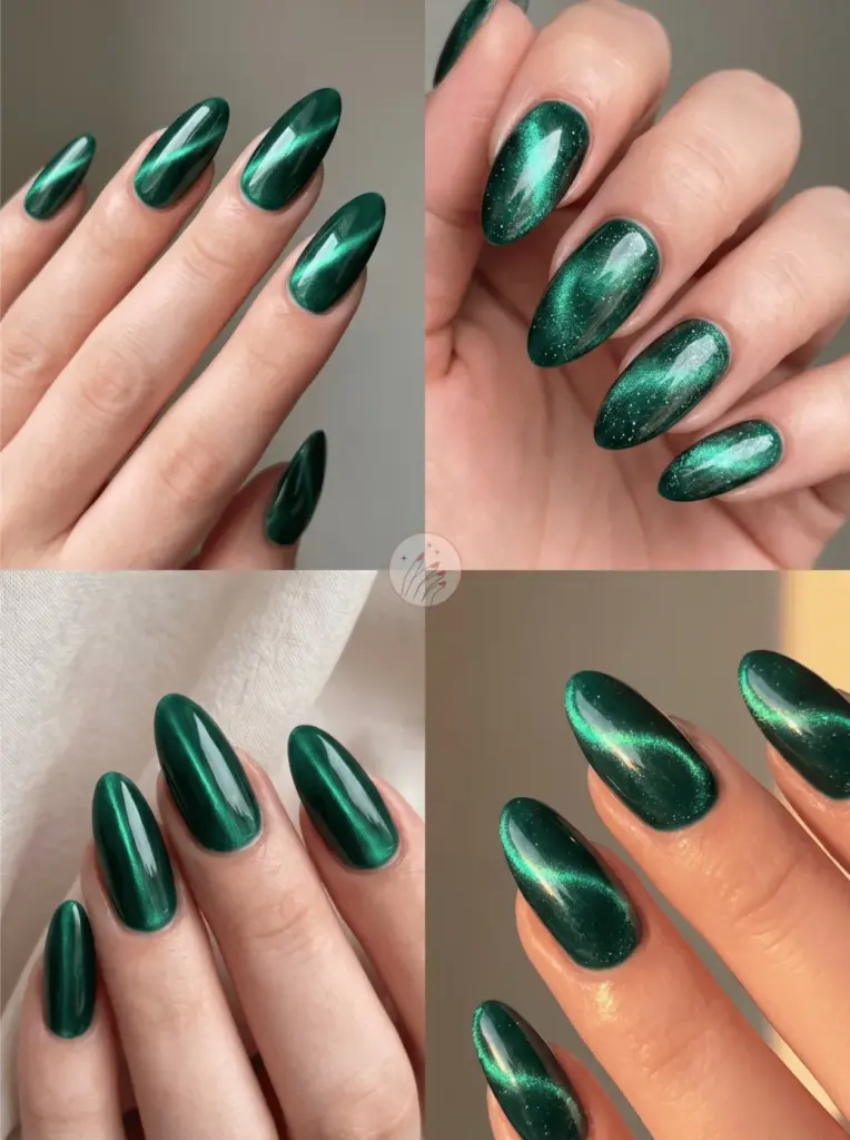 Emerald Green Chrome Cat Eye Nails