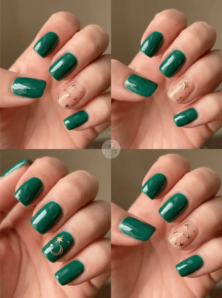 Emerald Green Gold Star Accent Nails