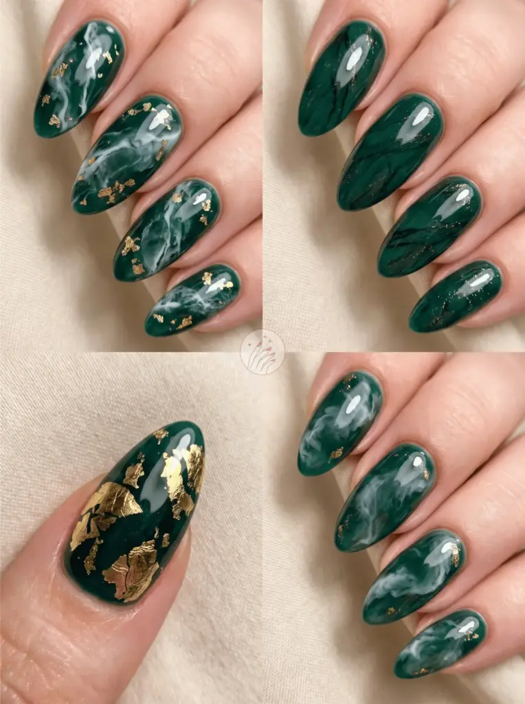 Emerald Green Marble Gold Leaf Nails