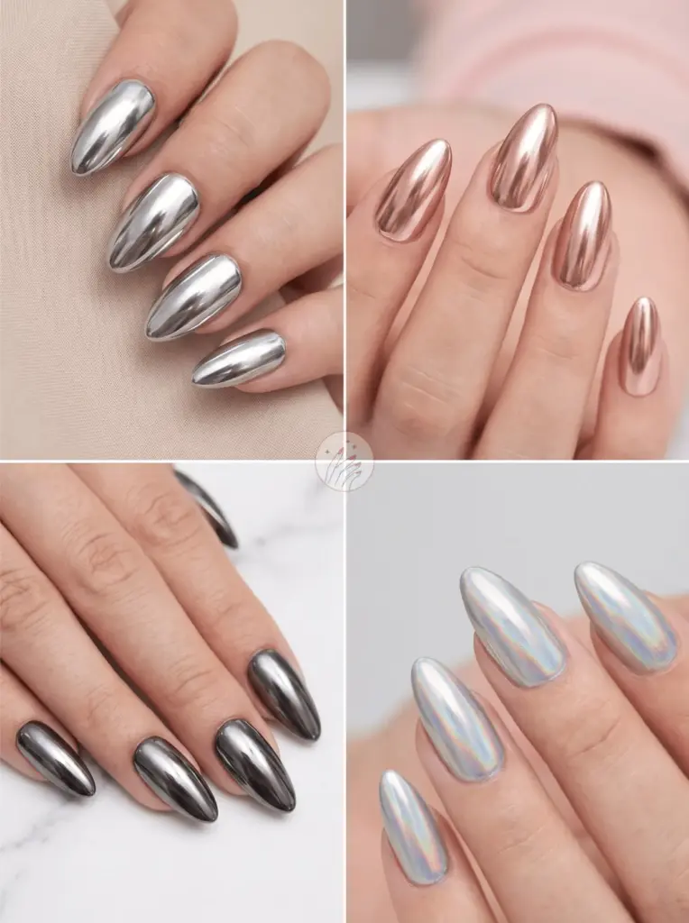 Glossy Chrome Almond Nail Finish