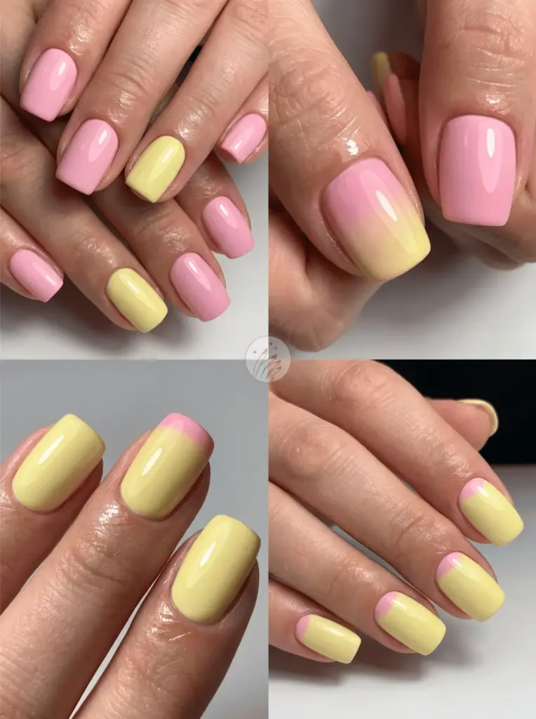Glossy Gel Pink and Yellow Nails