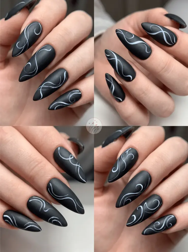Matte Black Stiletto Swirl Nails
