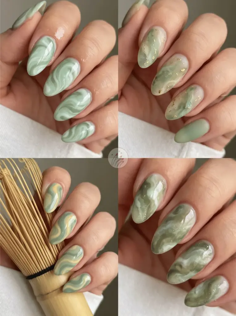 Mint Green Matcha Swirl Nails