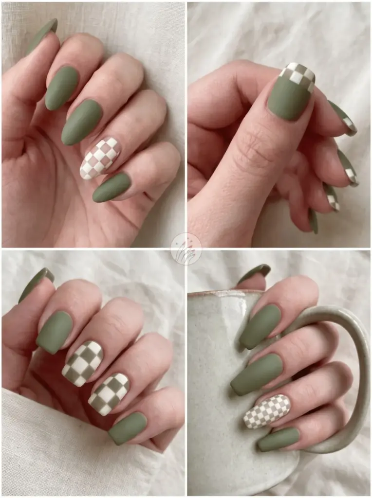 Olive Green Checkered Print Nails