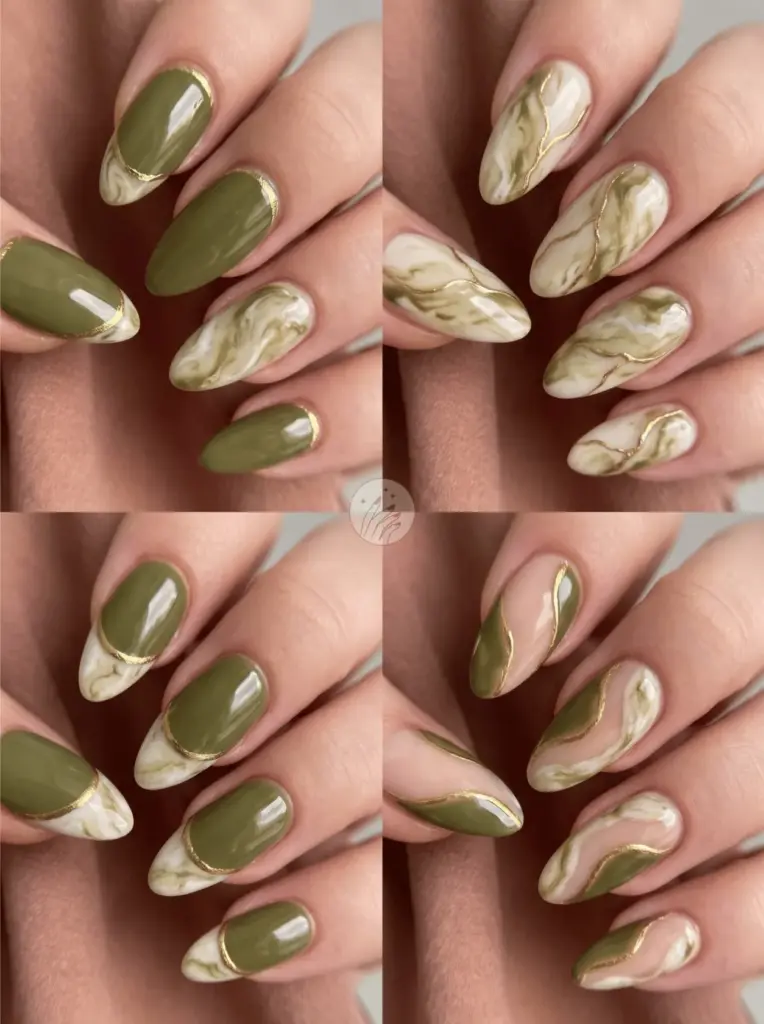 Olive Green Marble Gold Outline Nails