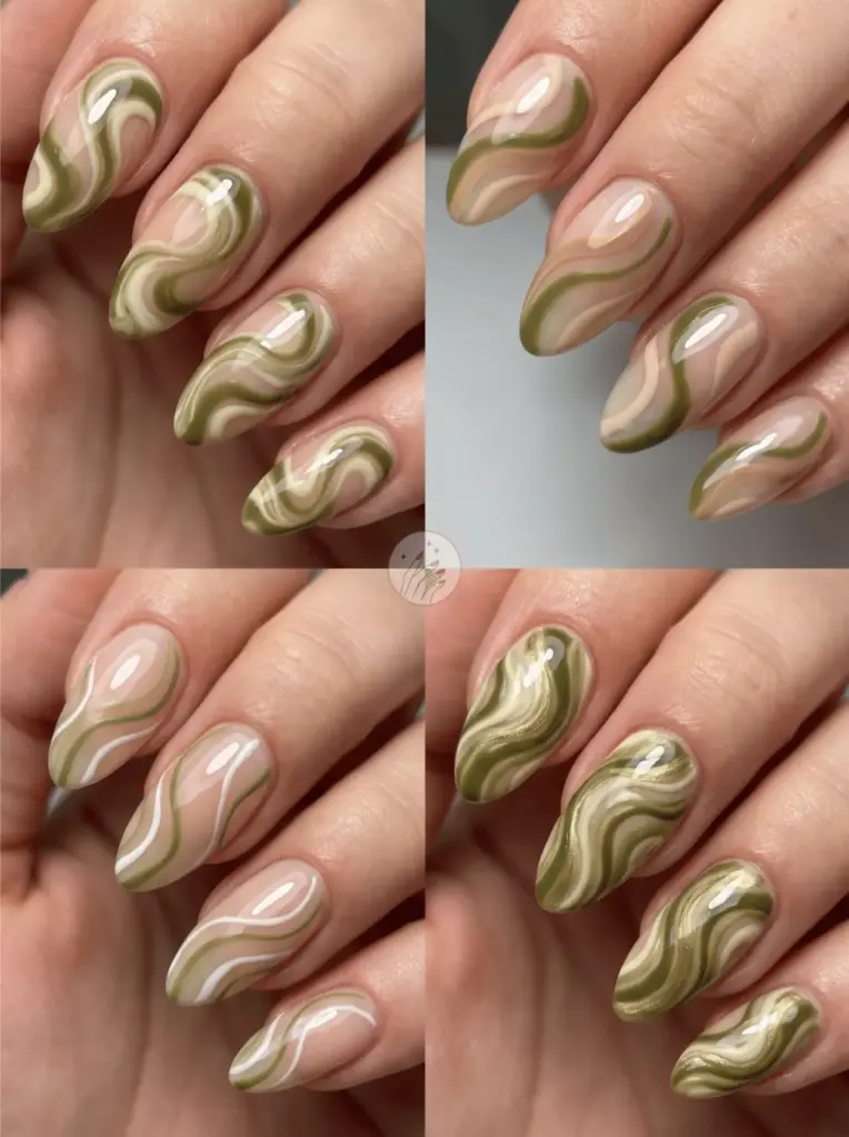 Olive Green Swirl Almond Nails