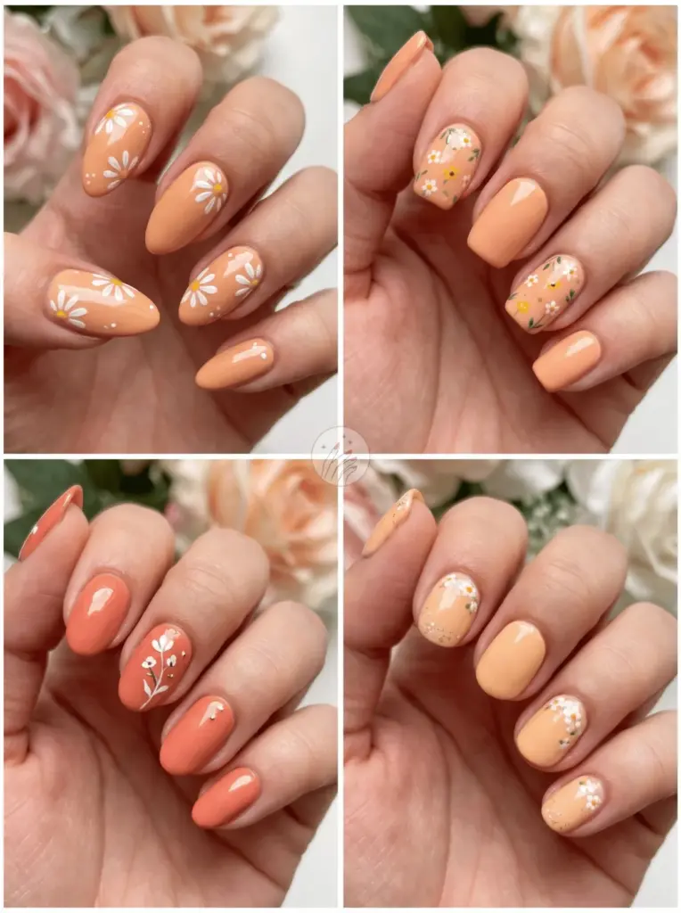 Orange Floral Flower Nail Design