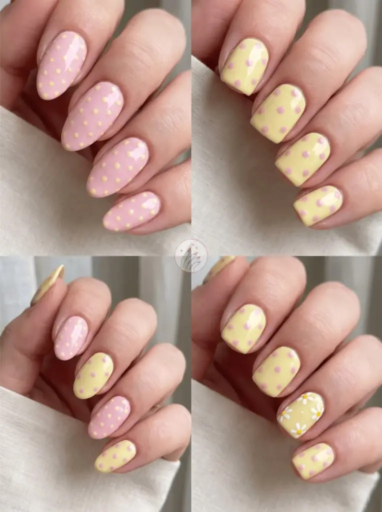 Pastel Polka Dot Pink and Yellow Nails
