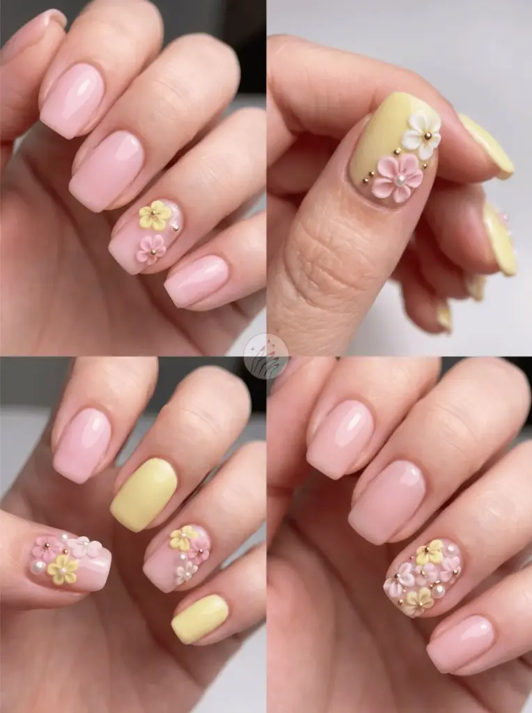 Pink and Yellow Nails with 3D Flowers