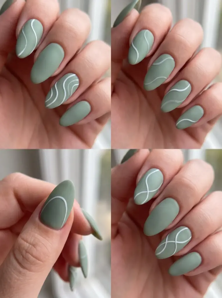 Sage Green Curved Linework Nails