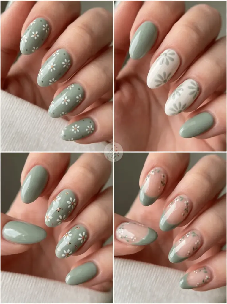 Sage Green Daisy Cottagecore Nails
