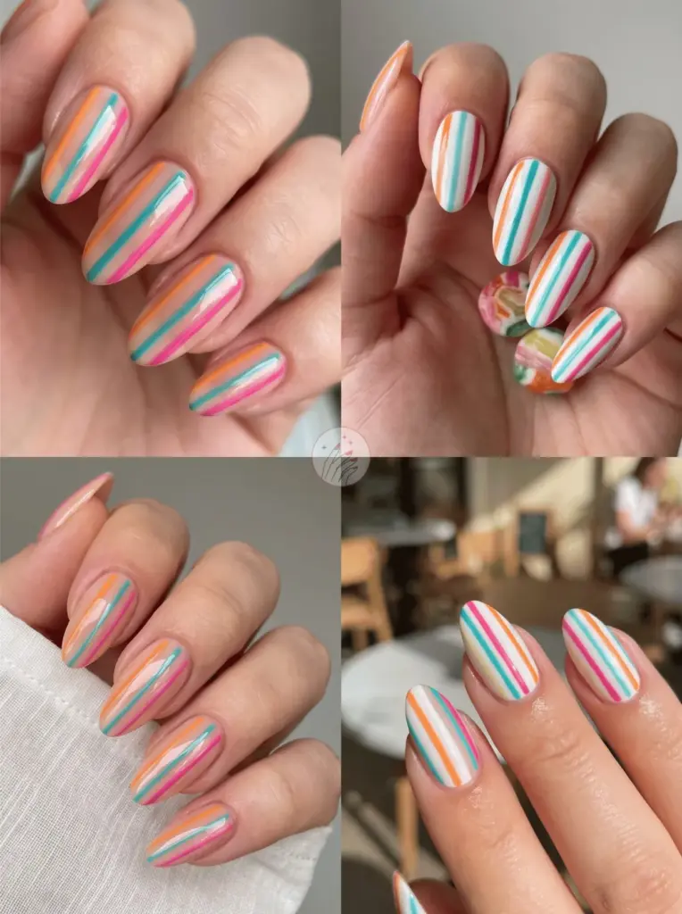 Striped Bright Multi-Colour Nails