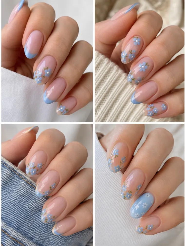 Baby Blue Floral Spring Nails