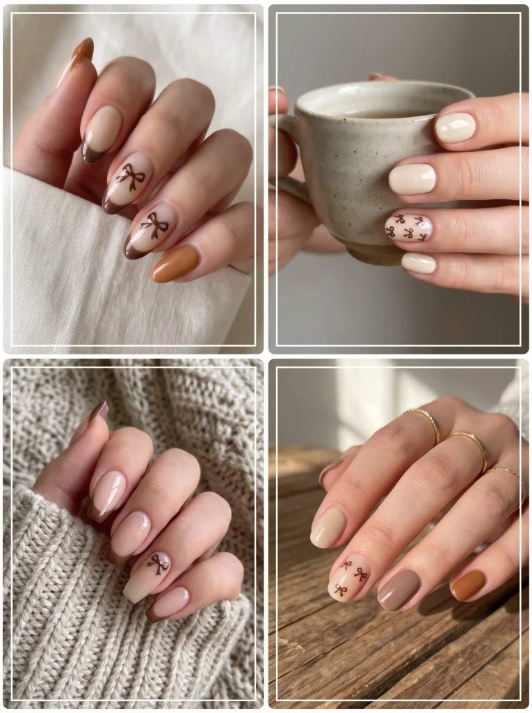 Beige Bow Autumn Nail Designs