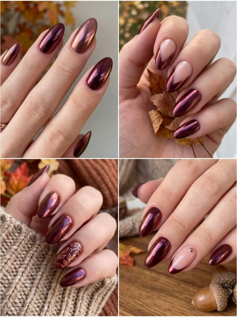 Burgundy Chrome Autumn Almond Nails