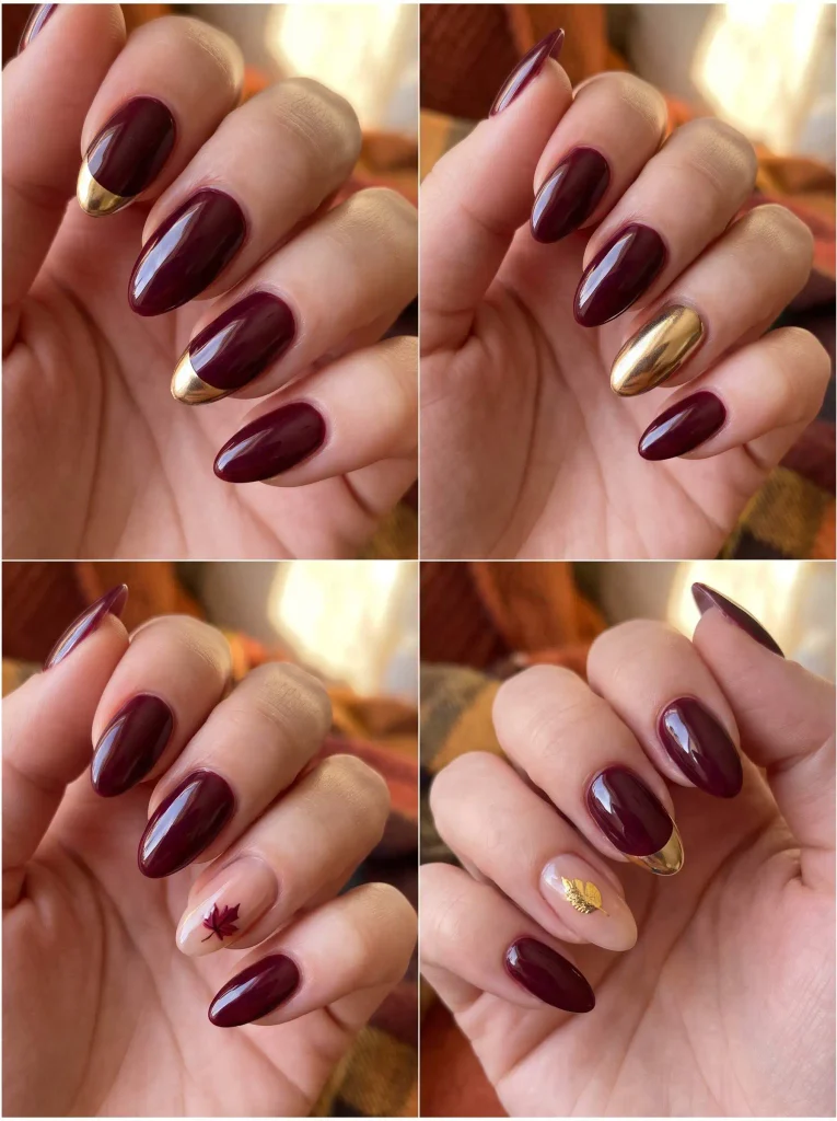 Burgundy Gold Chrome Fall Nails