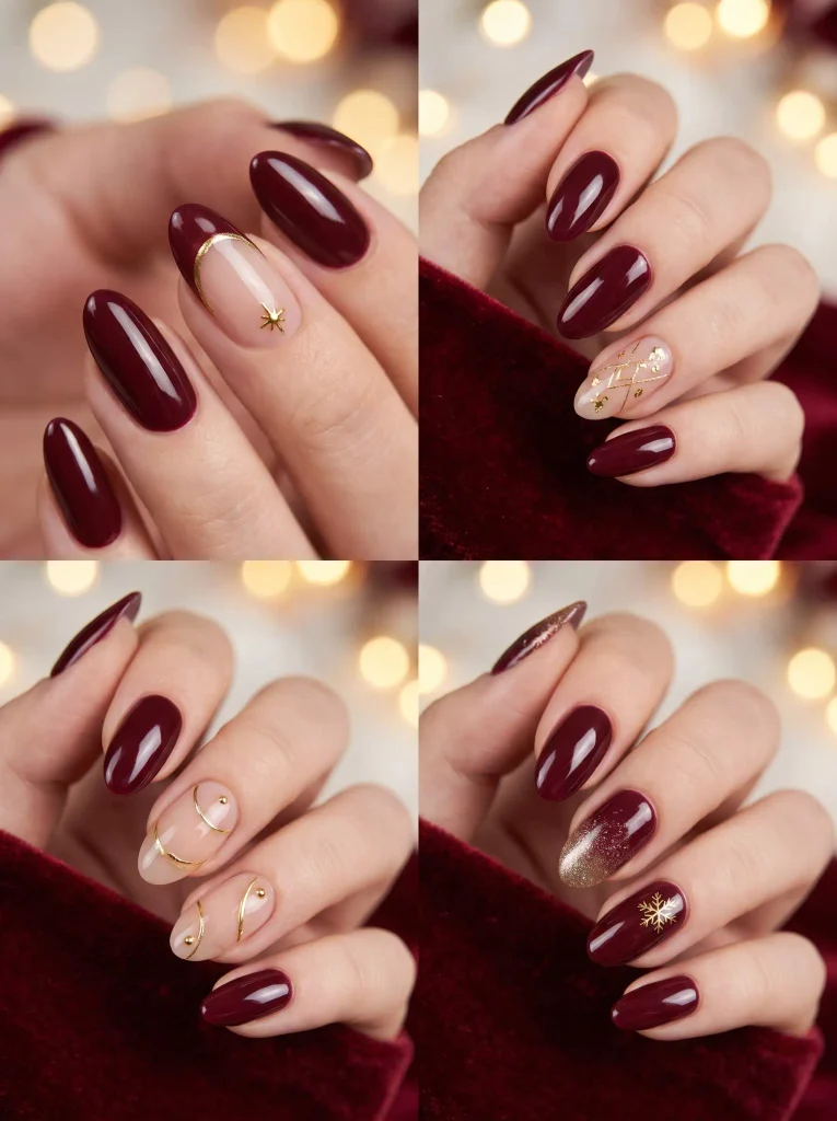 Burgundy Gold Elegant Christmas Nails