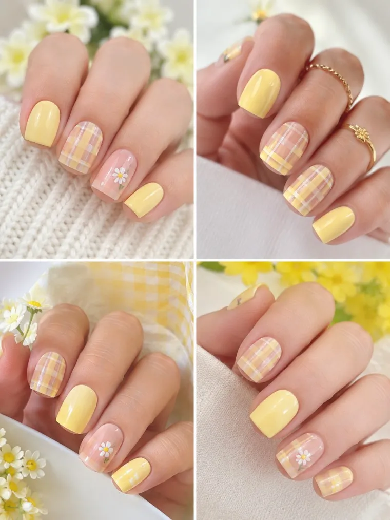 Butter Yellow Gingham Spring Nails