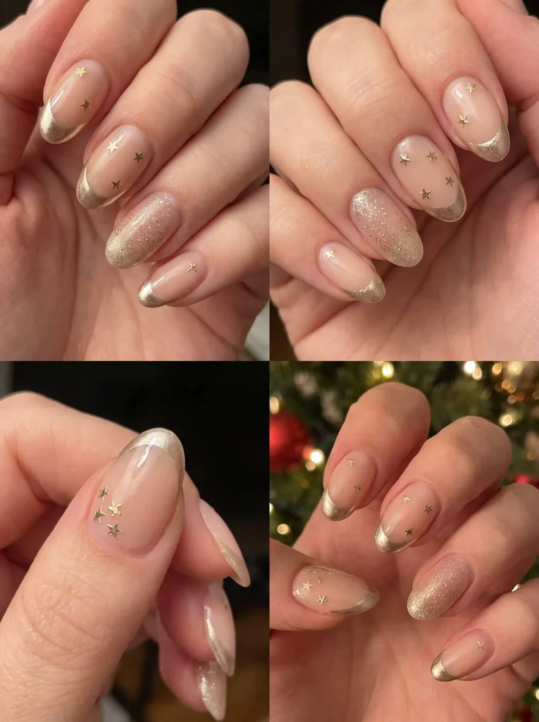 Champagne Gold Star Holiday Nails