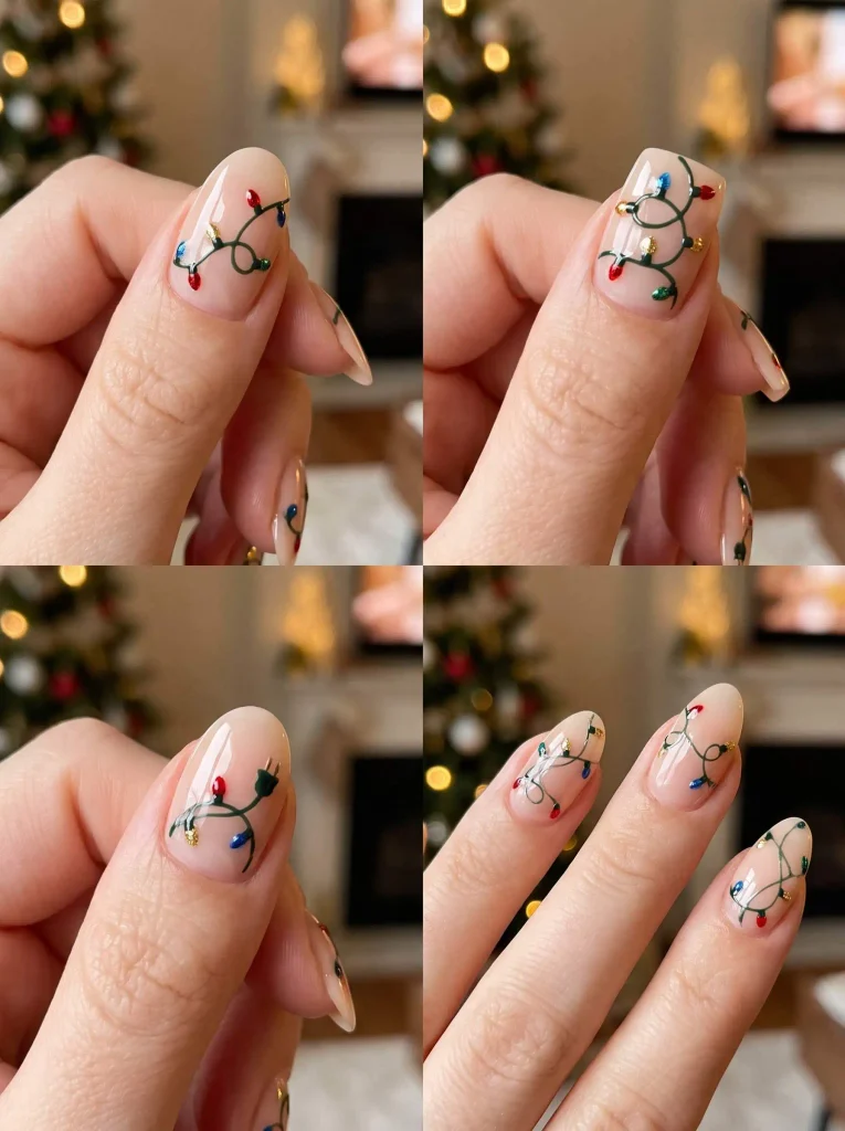 Christmas Lights Nude Holiday Nails
