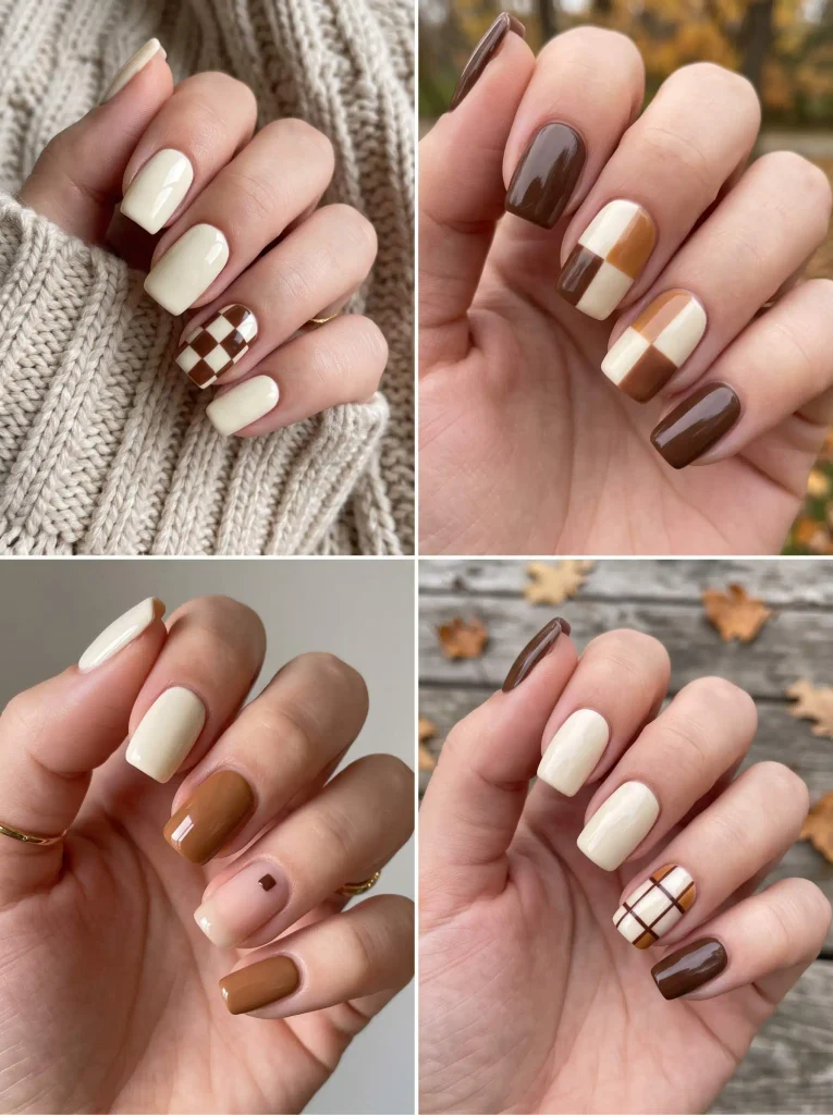 Cream Brown Checkered Fall Nails