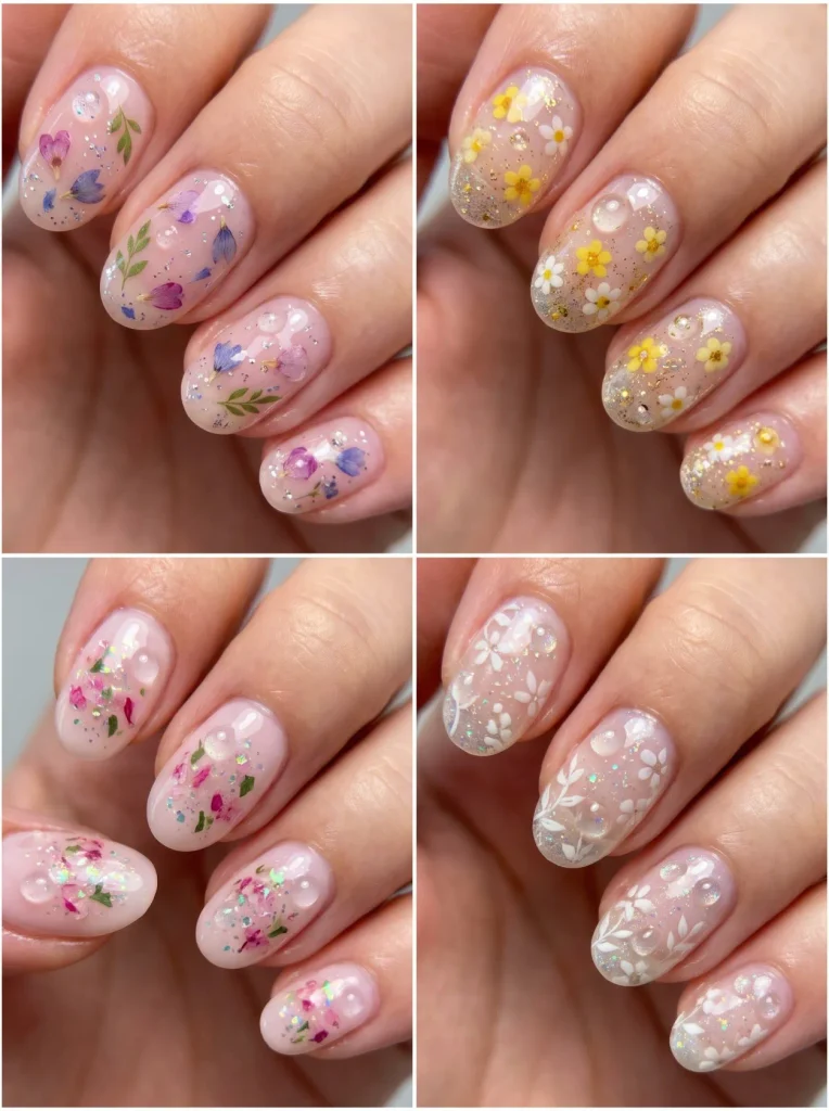 Dewdrop Glitter Spring Floral Nails