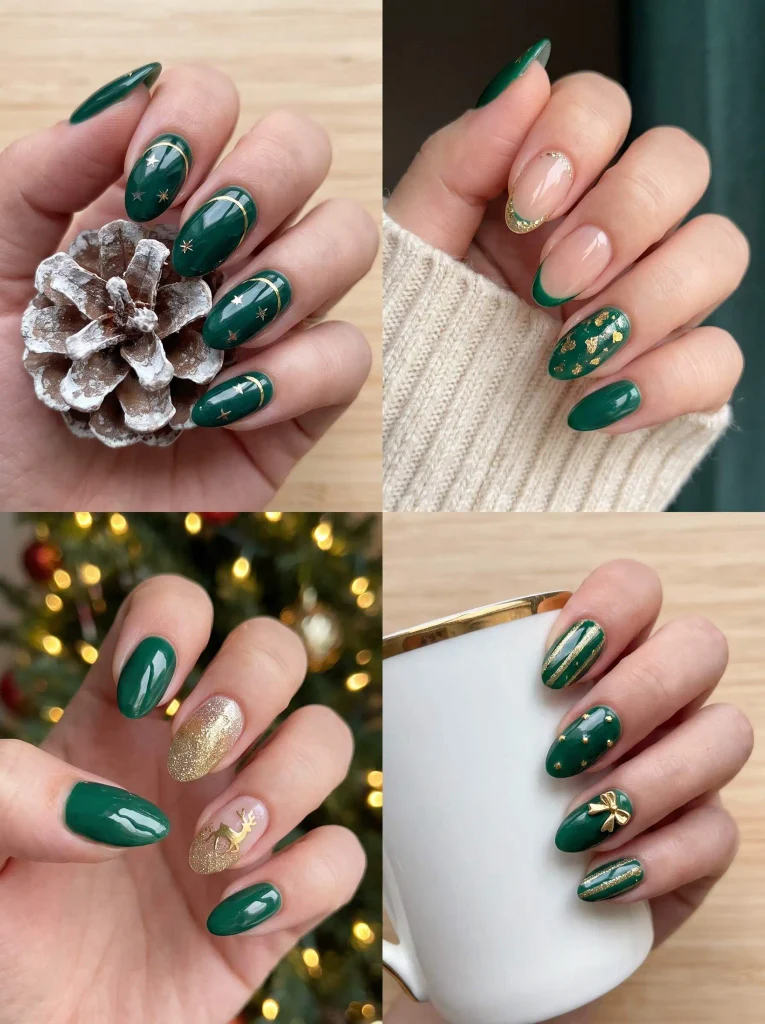 Emerald Green Gold Holiday Nails