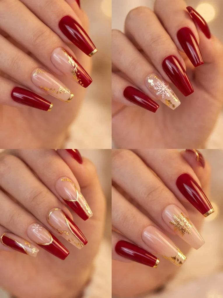 Festive Red Gold Coffin Nails