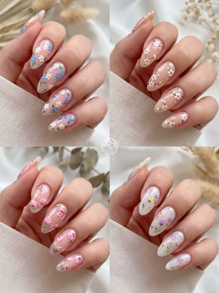 Floral Almond Gel Nail Art