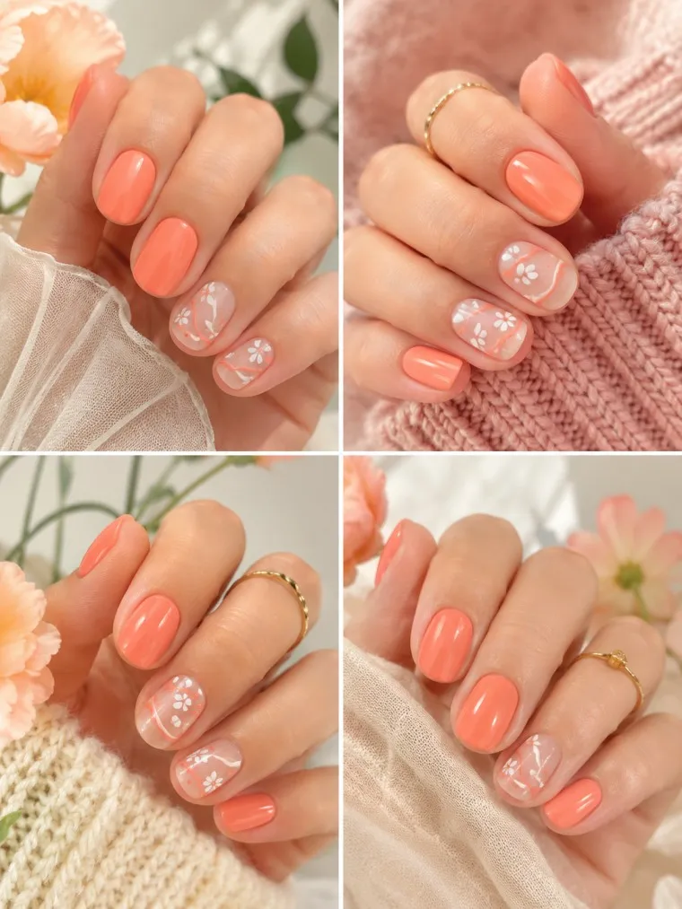 Glossy Peach Coral Spring Nails