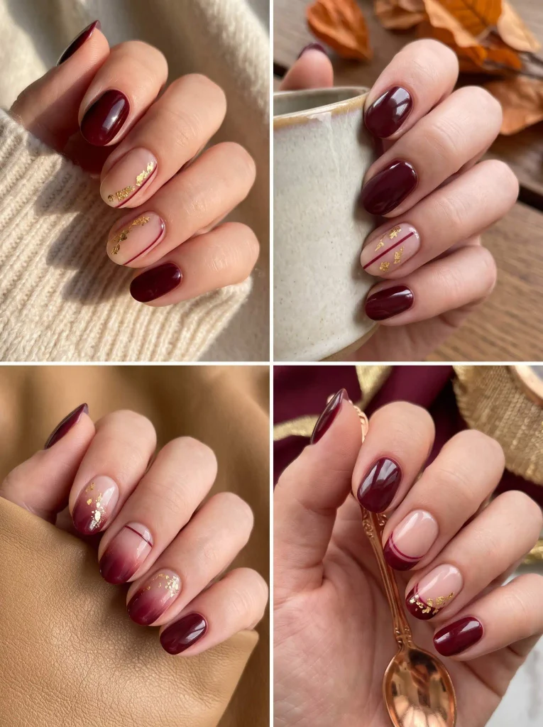 Gold Leaf Burgundy Fall Nails