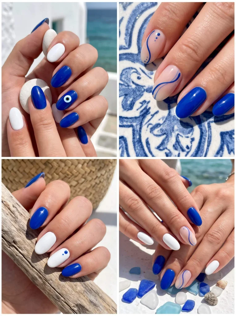 Greek Blue White Summer Nails