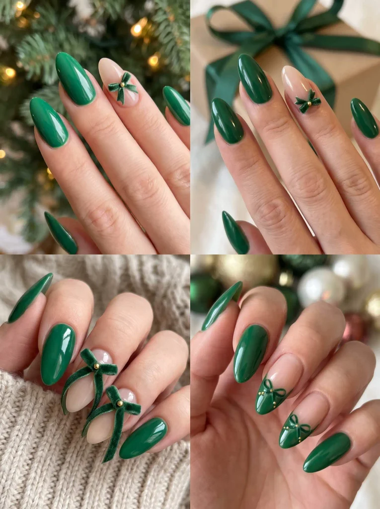 Green Almond Christmas Bow Nails