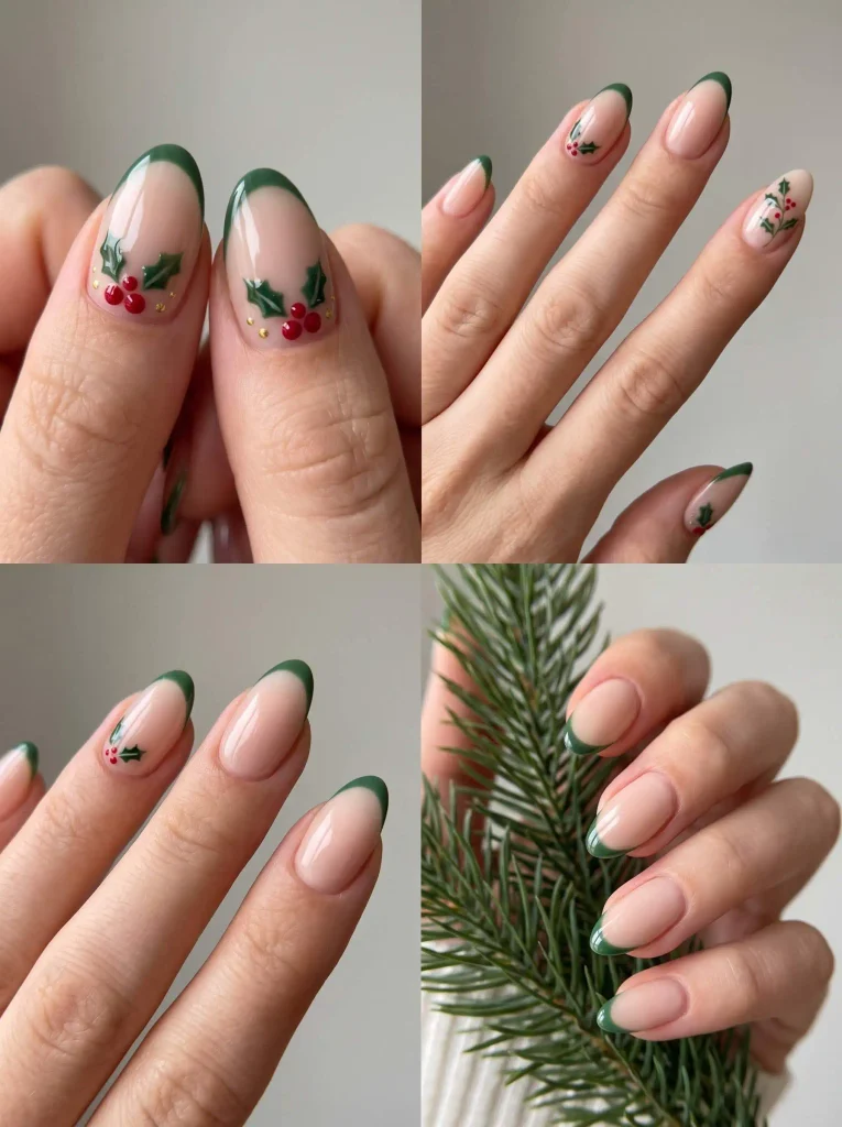 Green French Holly Berry Nails