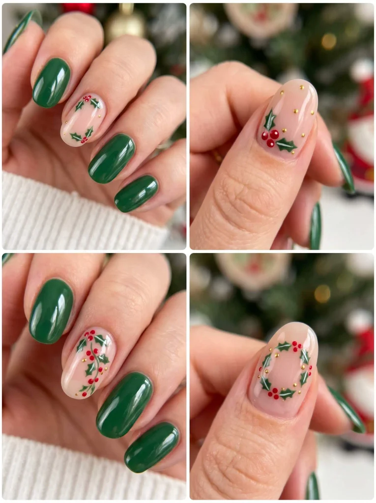 Holly Berry Green Christmas Nails