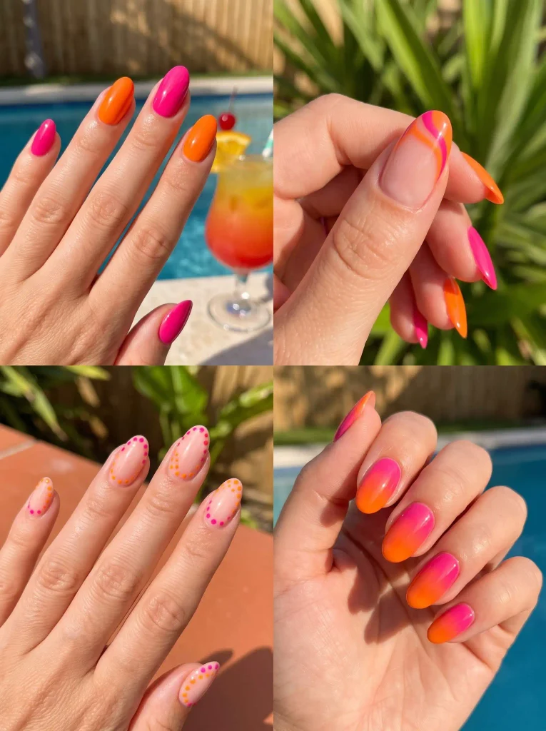 Hot Pink Orange Summer Nails