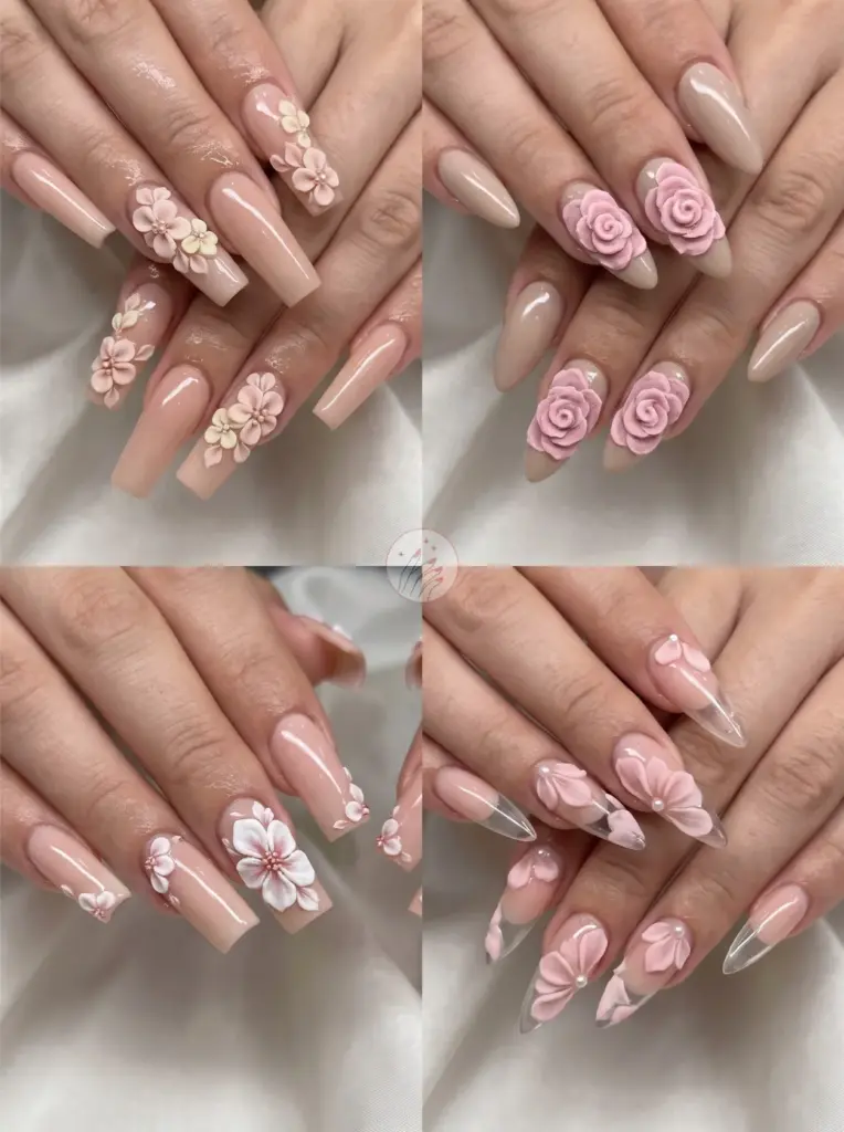 Long 3D Flower Nails Art