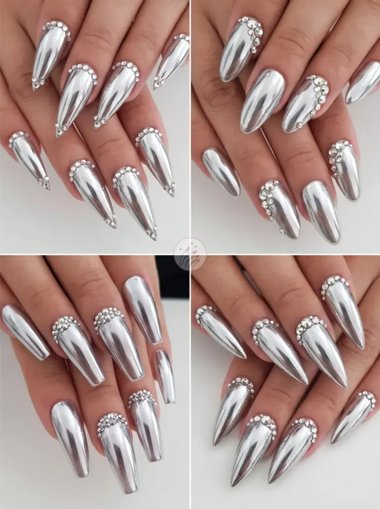 Long Chrome Rhinestone Nails Sparkle
