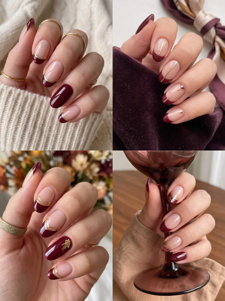 Maroon Gold French Fall Nails