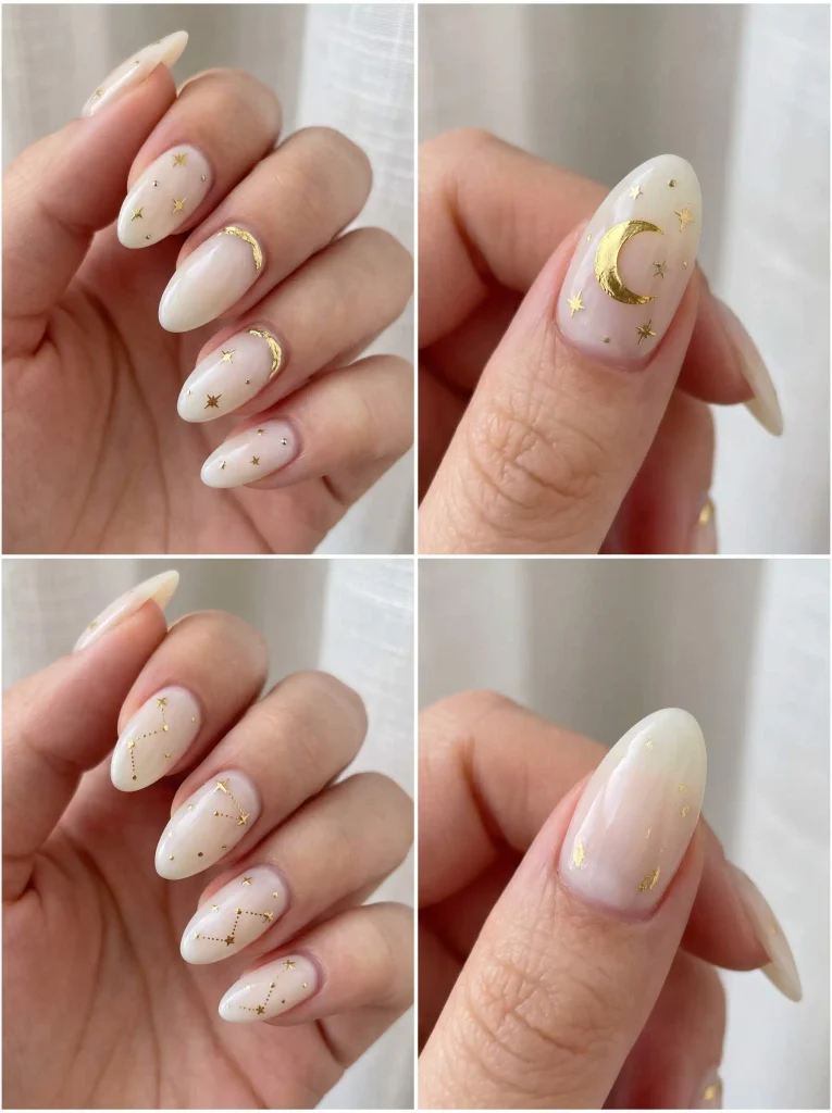 Milky White Gold Star Nails